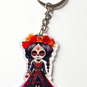 Day of the Dead Sugar Skull Girl Keychain Acrylic Charm Dia de los Muertos